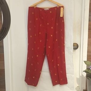 NWT‎ Vtg Peter Martin Red Silk Ankle Pants with Embroidery. Size 14